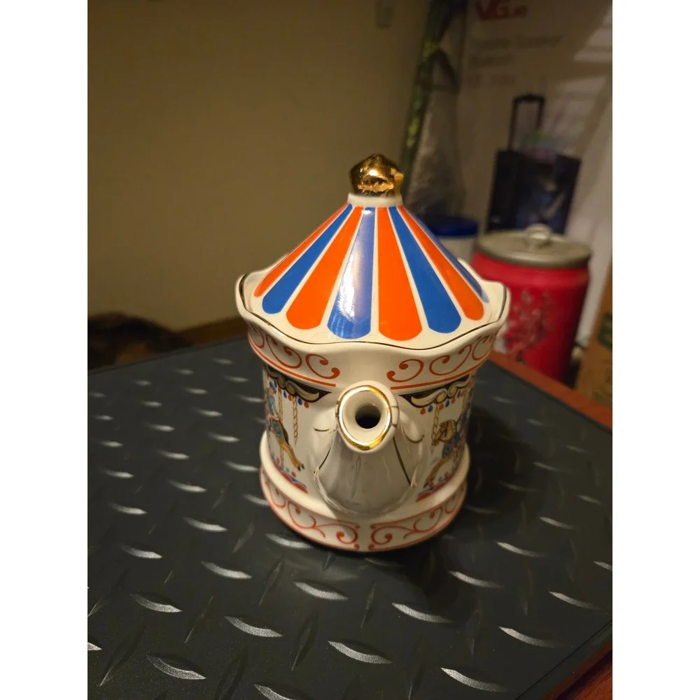 Vintage Carousel‎ Horse Ceramic Teapot Circus Tent Lid Gold Trim Red Blue White